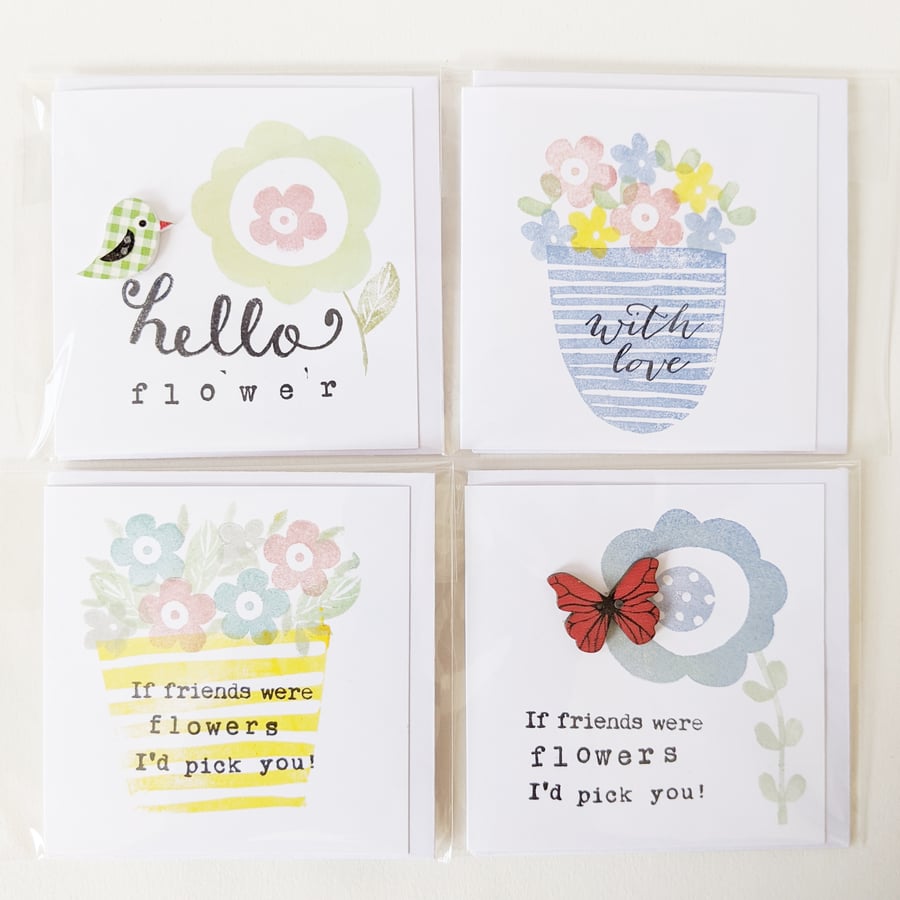 Set of 4 Mini Stamped Cards Friend Birds Flowers