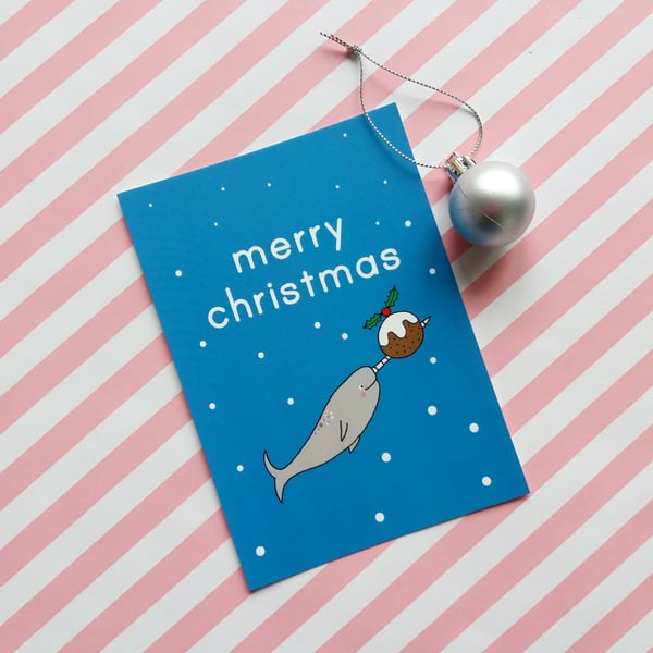 christmas narwhal A6 postcard & envelope, cute christmas postcard