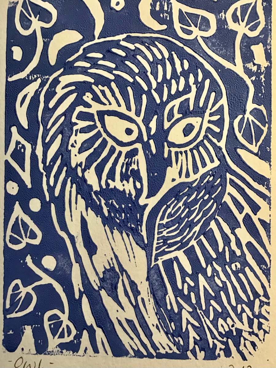 Owl . Lino print card.