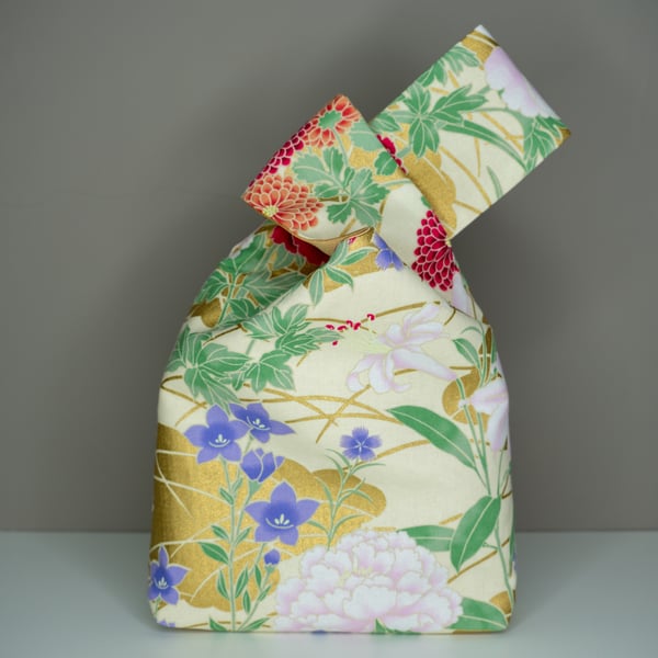 Reversible Japanese Knot Bag - Floral Pattern - Lined In Gold Coloured Satin
