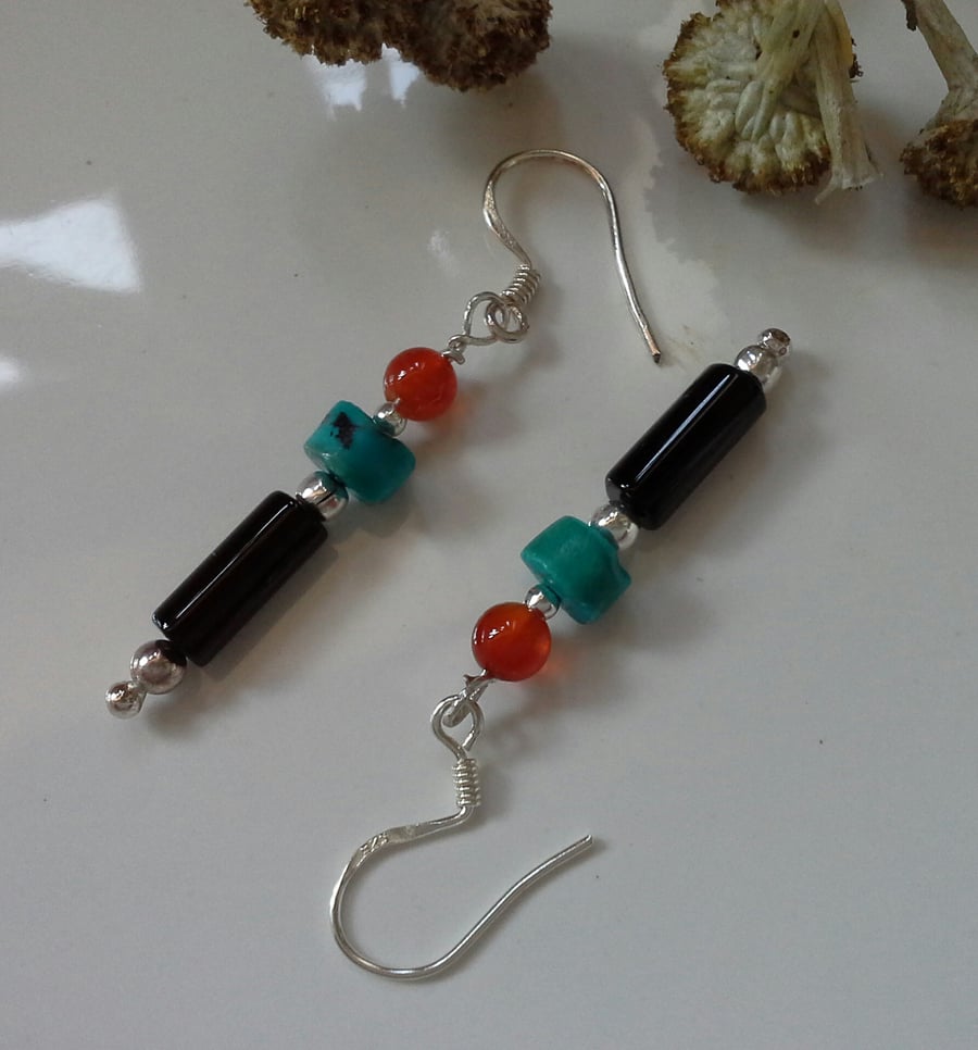 Dainty Black Onyx, Turquoise, Carnelian Sterling Silver Earrings