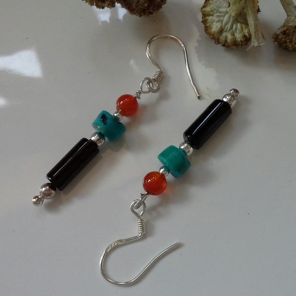 Dainty Black Onyx, Turquoise, Carnelian Sterling Silver Earrings