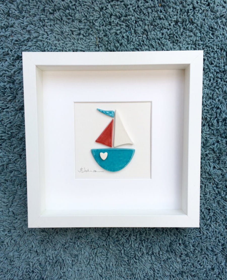 SALE - Ceramic Boat Picture -' Bobbing Along' - Framed