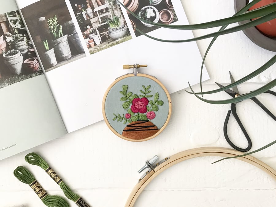 Flower embroidery. Botanical art. Embroidered hoop. Botanical embroidery. 