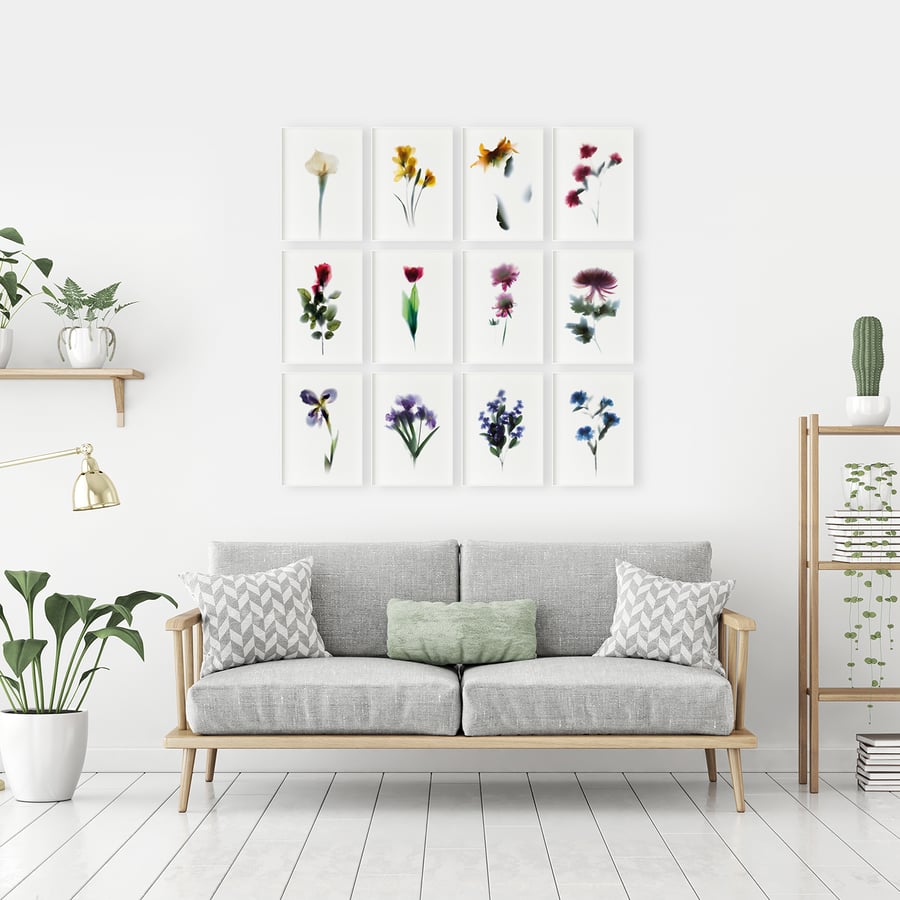 Set of 12 abstract floral wall art prints in 4 sizes