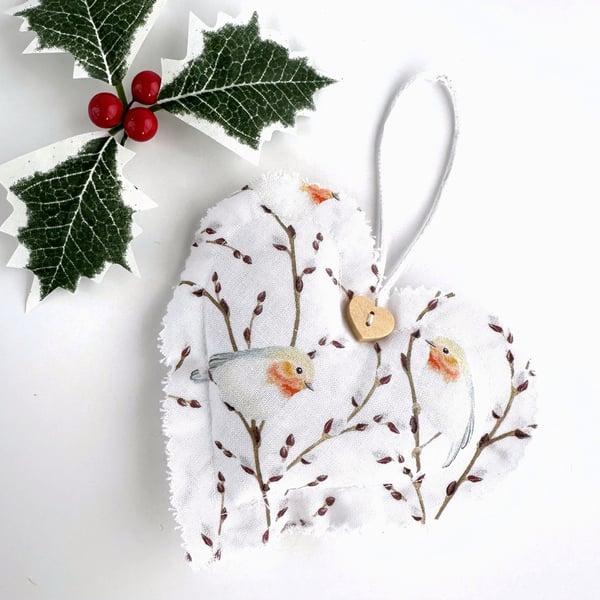 Large Christmas Heart with Robins on Twigs with Buds