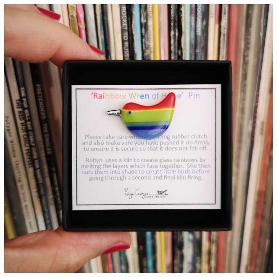 'Rainbow wren of hope bird' glass pin