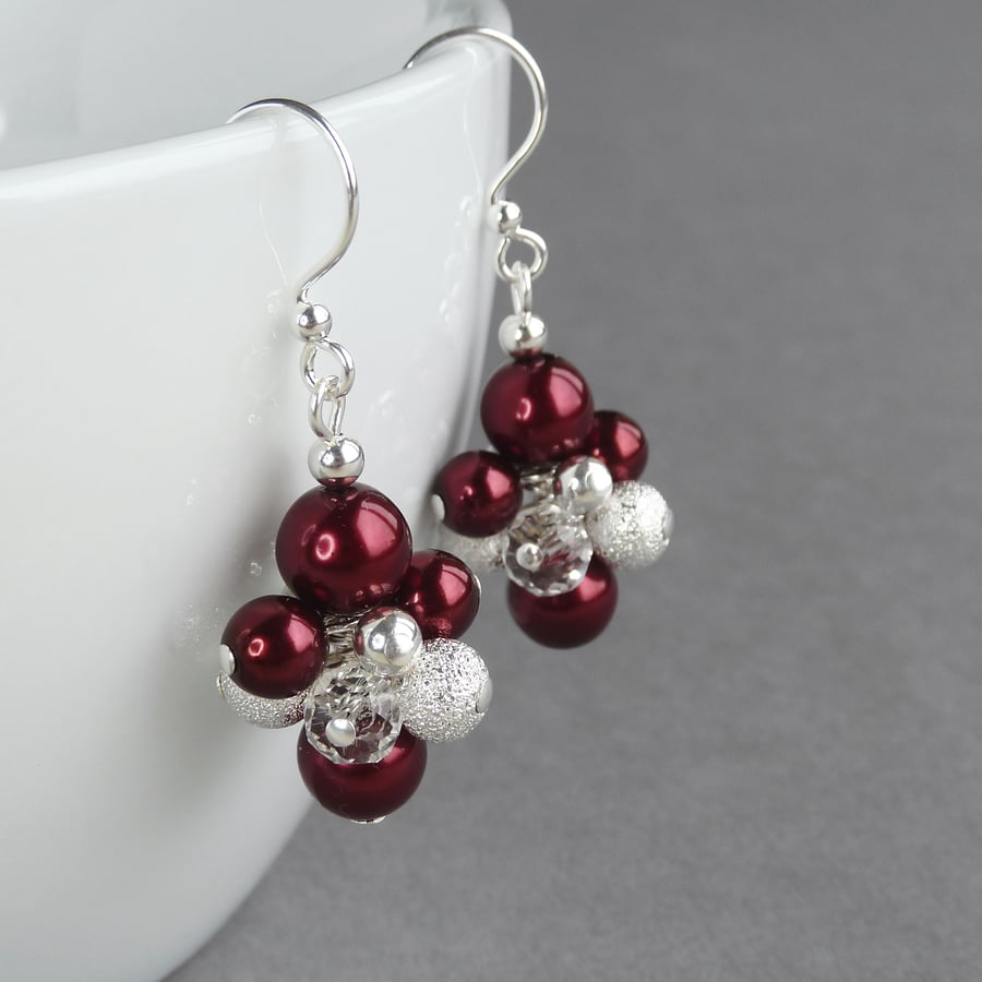 Dark Red Stardust Earrings - Burgundy Cluster Earrings - Pearl Drop Earrings