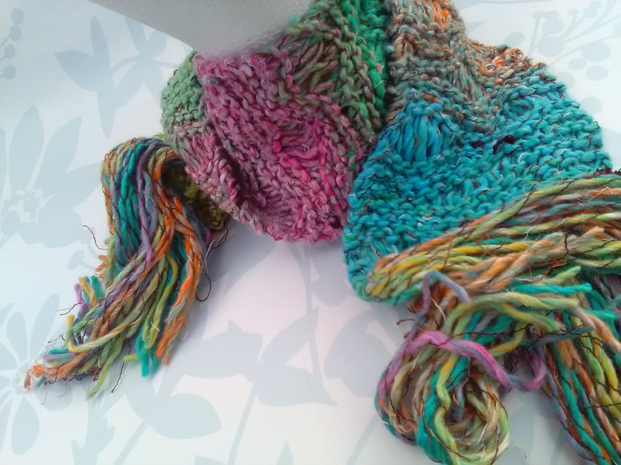 Handknit Noro Lacy Long Scarf. Cotton Silk Wool in Rainbow Pastel
