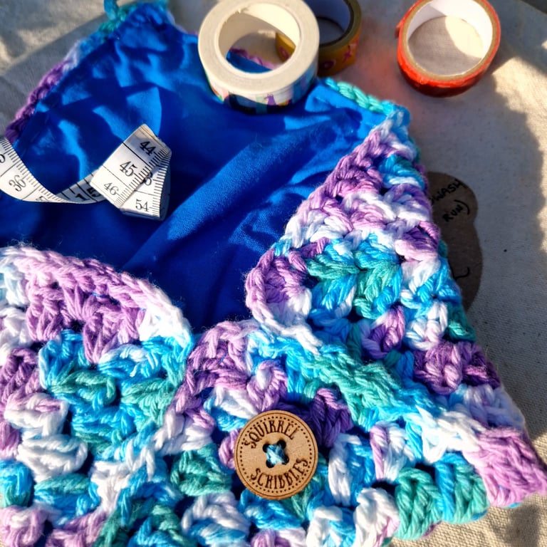 Blue crochet pouch, Small hand stitched cotton lined pouch, Christmas gift 