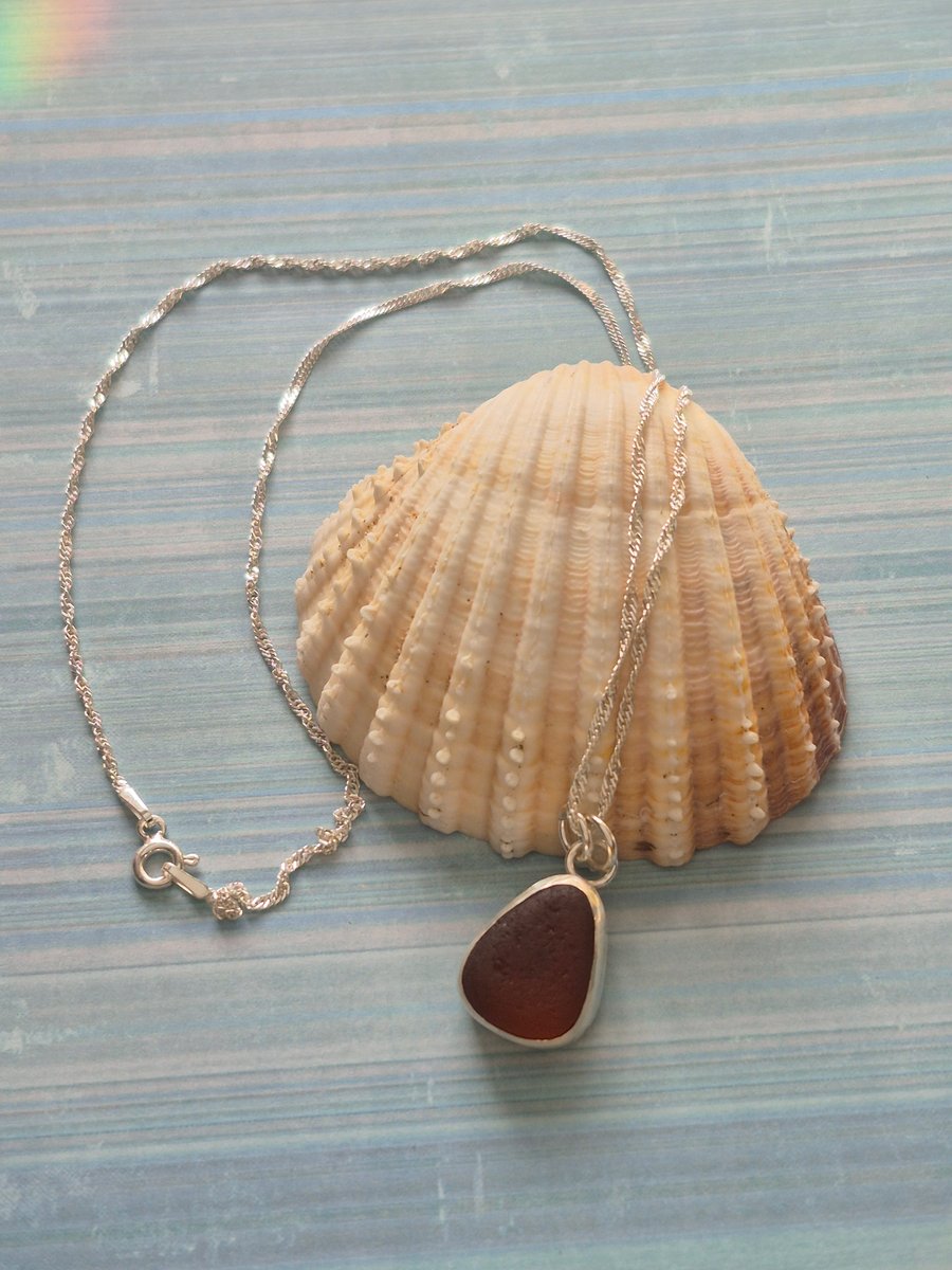 Sterling Silver 925 Brown Drop Mini Seaham Seaglass Pendant Necklace 