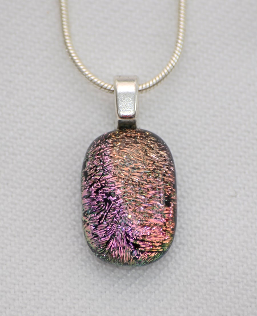 Small pink dichroic glass pendant necklace