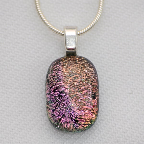 Small pink dichroic glass pendant necklace