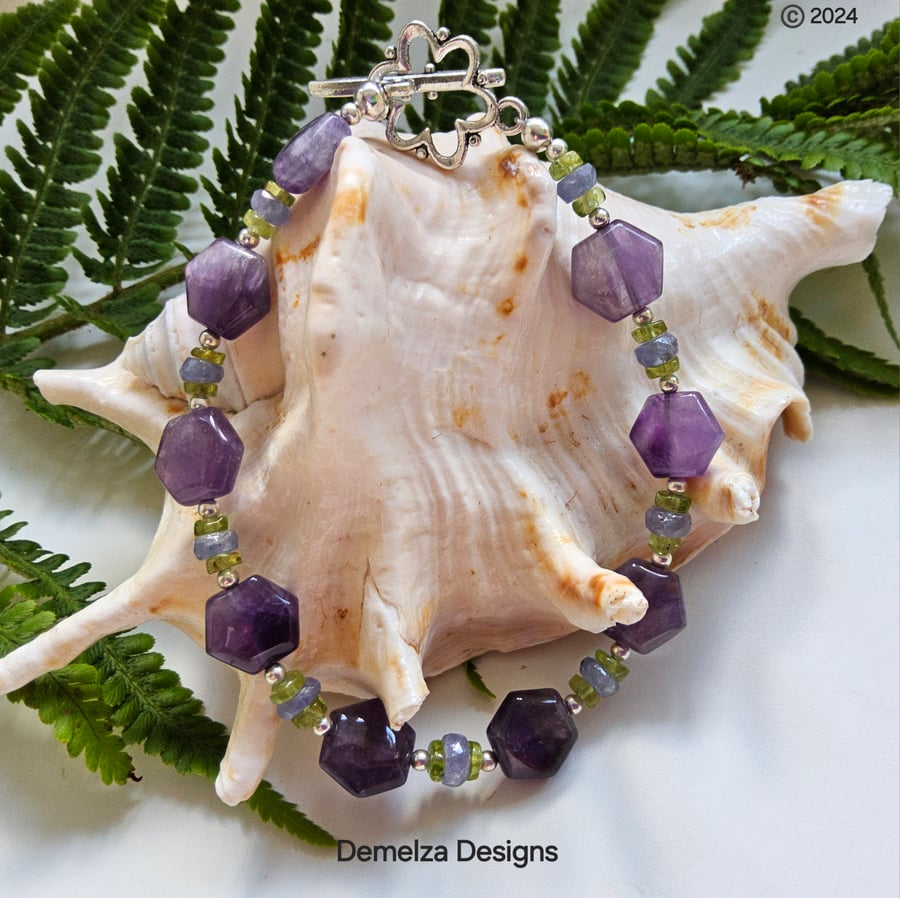 Tanzanite, Amethyst & Peridot Sterling Silver & Tibetan Silver Bracelet