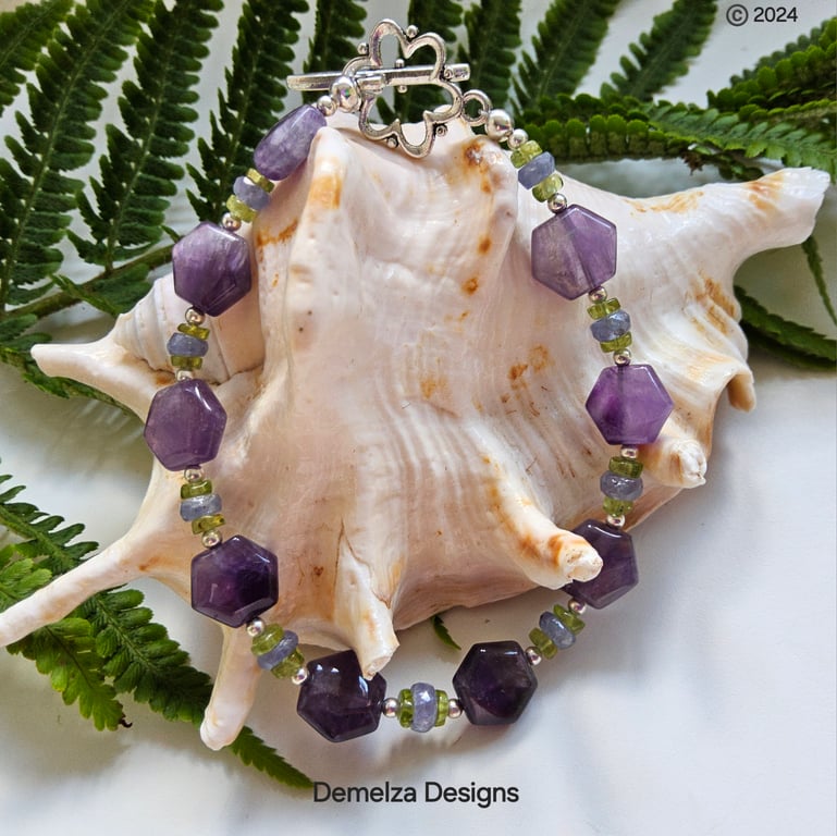 Tanzanite, Amethyst & Peridot Sterling Silver & Tibetan Silver Bracelet