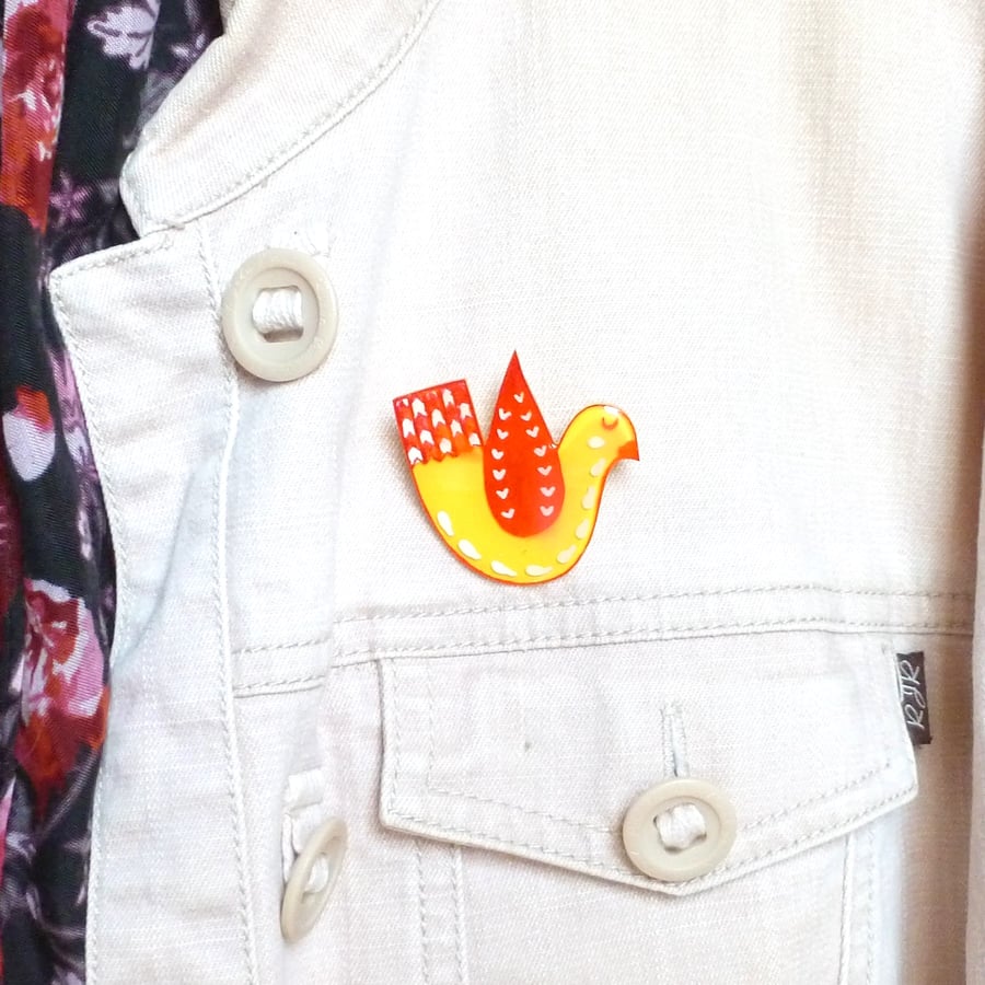 Yellow and Red handmade folk art jacket pin brooch.