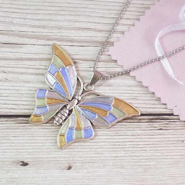 Butterfly pendant in blue, gold and silver, hand painted butterfly necklace