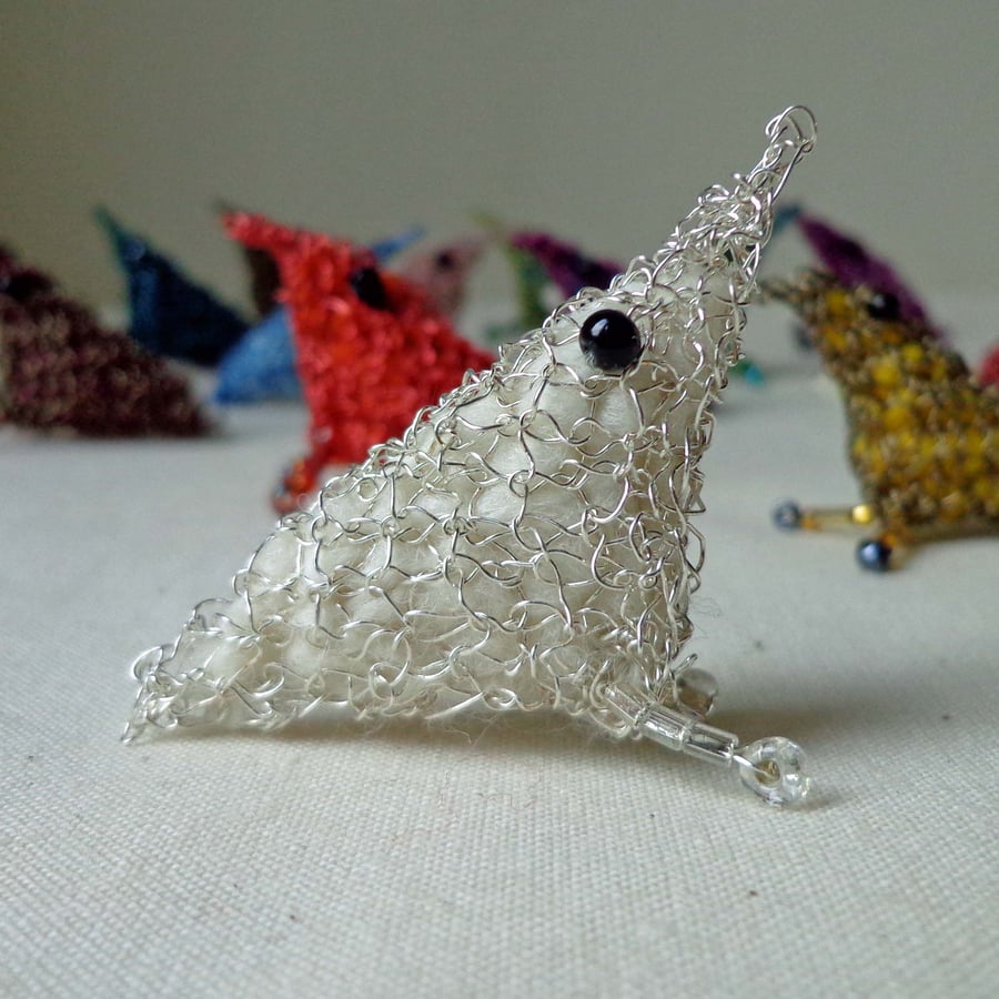 Knitted Wire Bird Brooch in Silver & White