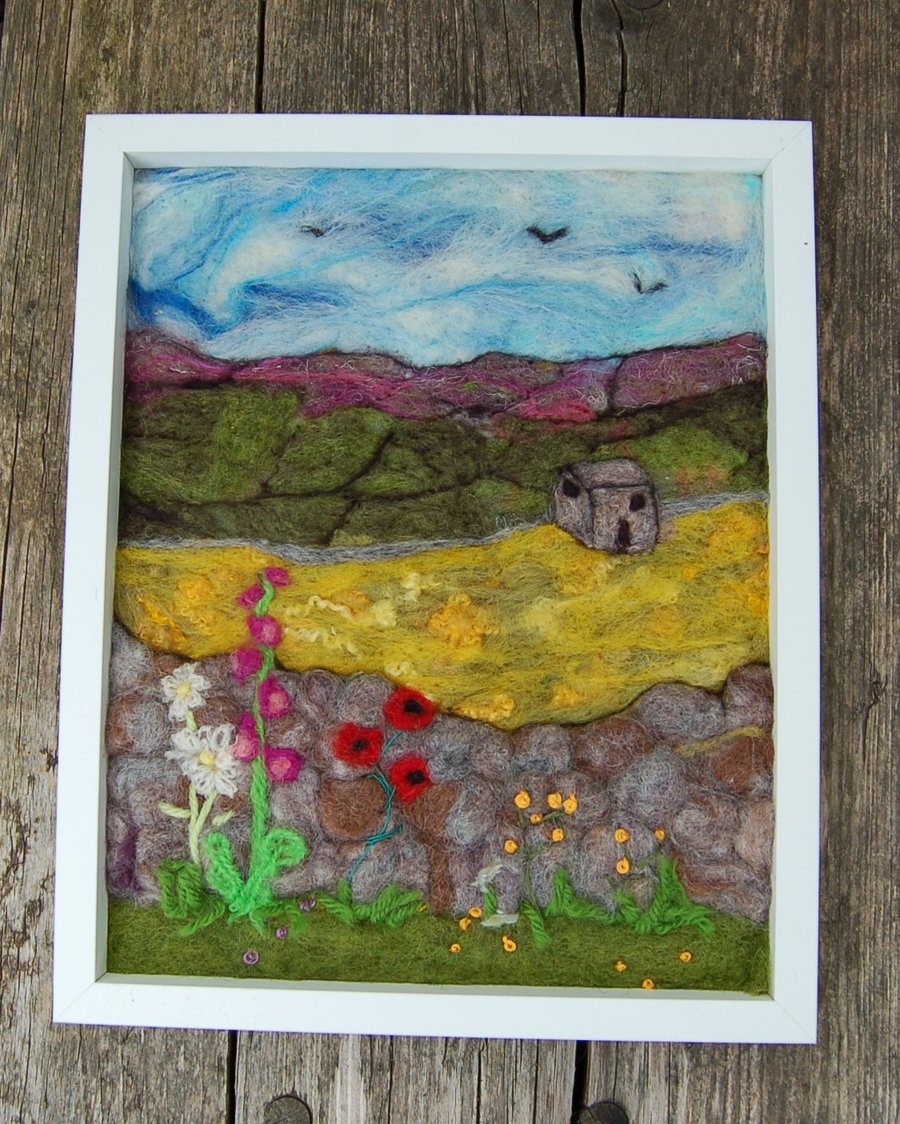 Needle felt and embroidered picture -  Buttercup field