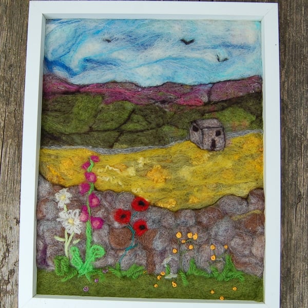 Needle felt and embroidered picture -  Buttercup field