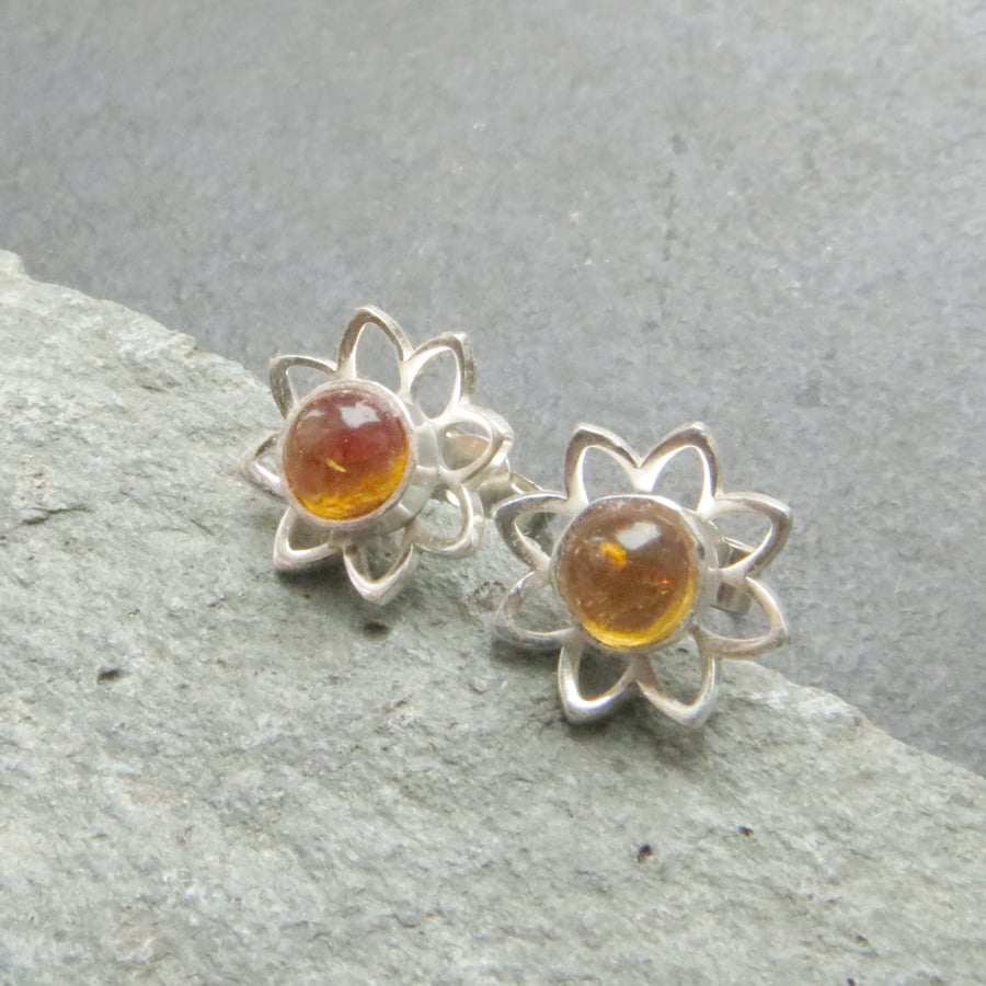 Citrine flower studs, Silver daisy earrings, Gift for November birthday