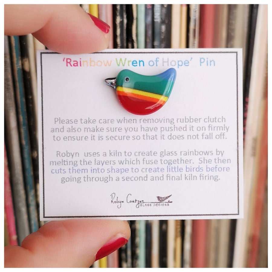 wee 'Rainbow wren of hope bird' glass pin with red belly