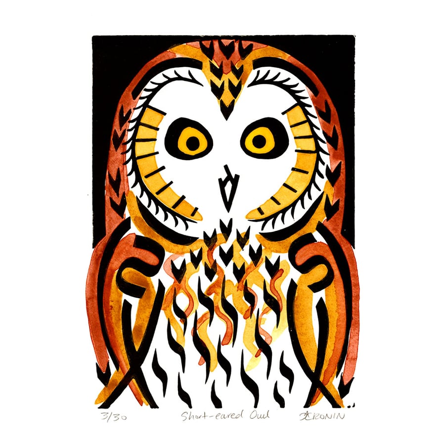 Short-eared Owl coloured linocut 3 of 30