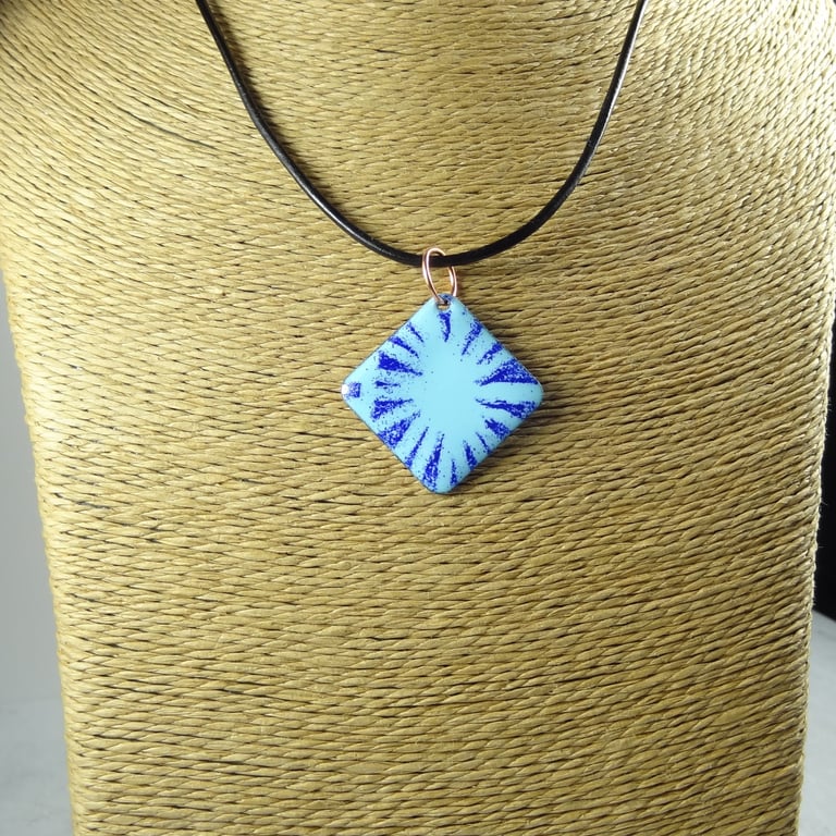 Blue glass enamelled copper pendant, rhombus, leather cord, 25mm (0105)