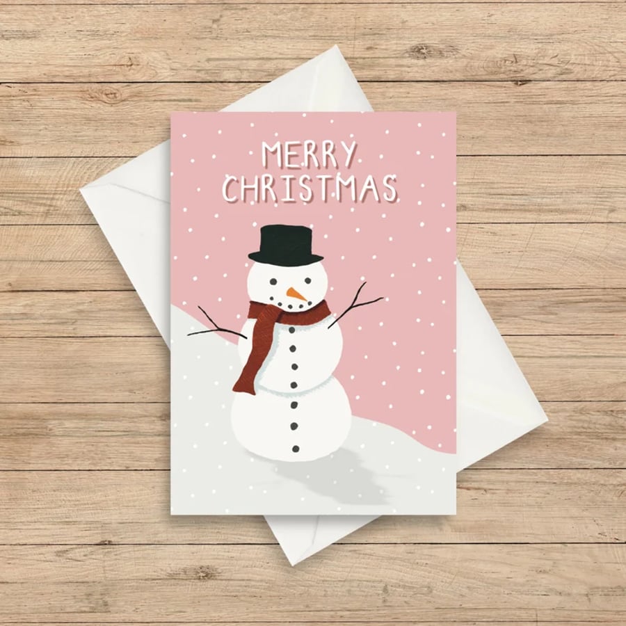 Pink Festive Snowman Cute A6 Sized Christmas Card 