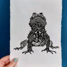 Black Bearded Dragon portrait - A4 original lino print
