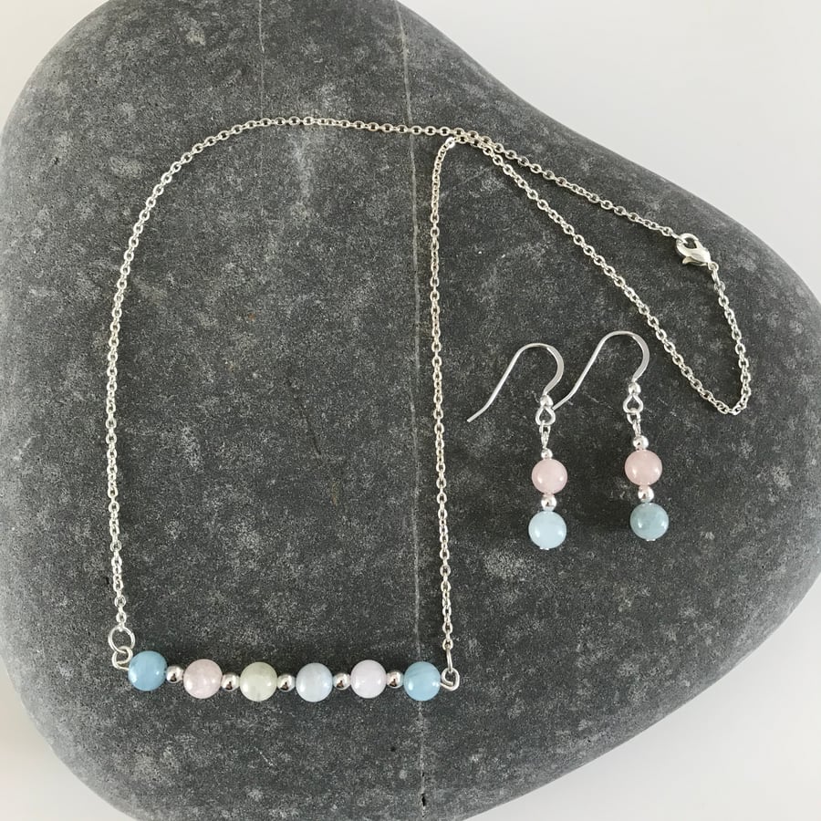 SALE Morganite and Aquamarine gemstone necklace and earrings set. Gift for her.