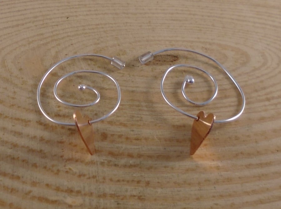 Sterling Silver and Copper Heart Spiral Earrings