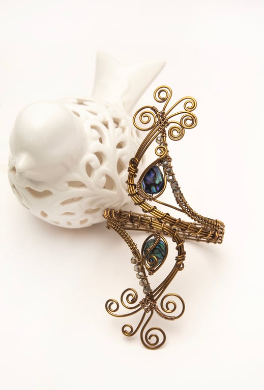 Antique bronze bracelet cuff, unique design of bracelet cuff, abalone bracelet.