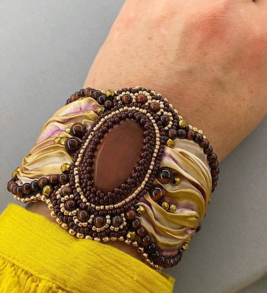 Elegant Red Tiger’s Eye Stone & Gold Hematite Beaded Wide Silk Cuff Bracelet 