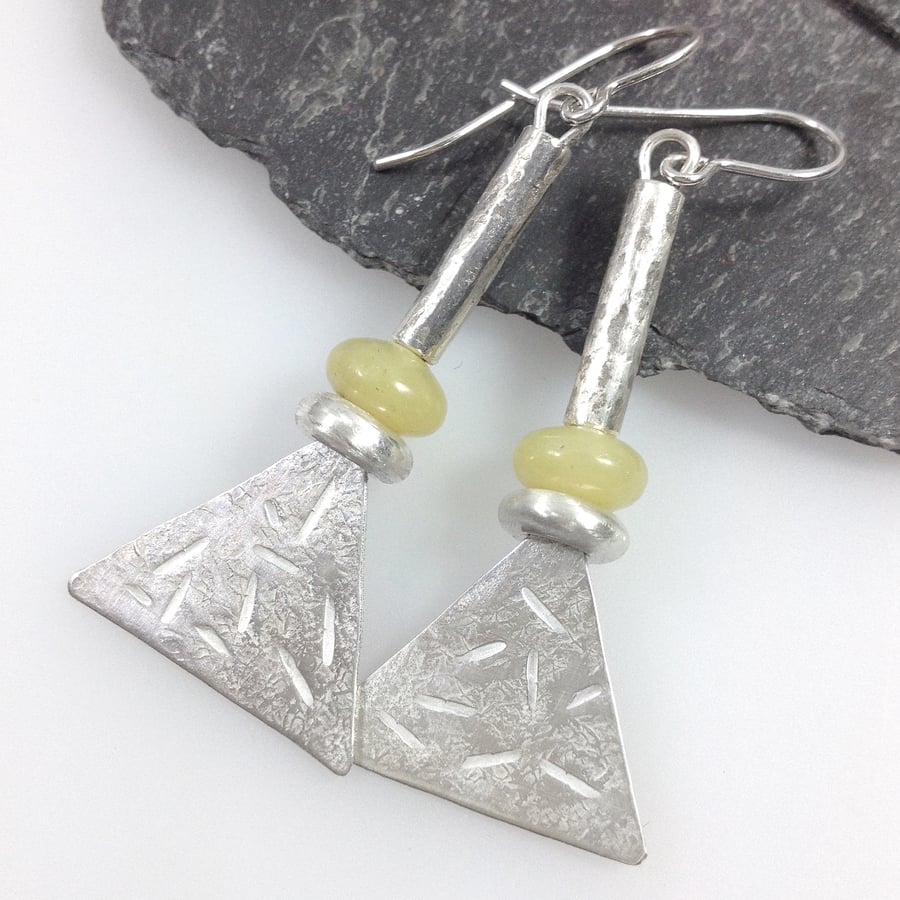 Long silver and butter jade tribal earrings