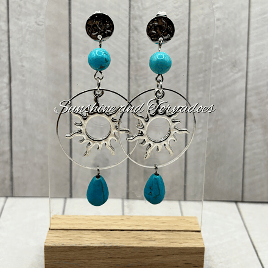 Turquoise Howlite Sun Earrings – Handmade Boho Gemstone Jewellery.