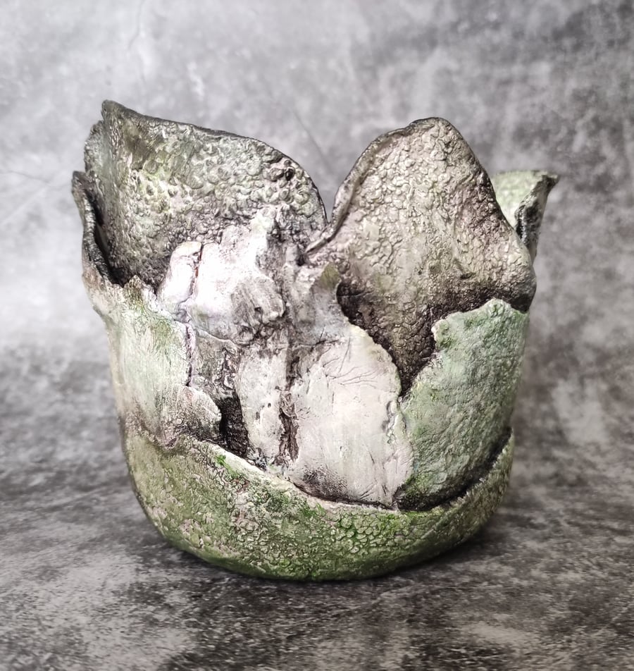 Textured Clay Green Art Vase, Lichen and Moss, Weathered Vessel