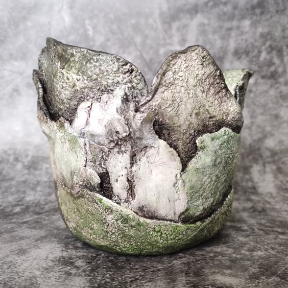 Textured Green Art Vase, Hand Built Ceramics, Lichen and Moss, Weathered Vessel