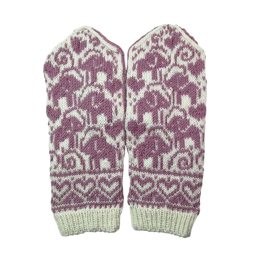 Elephant wool mittens, jungle lover hand knitted mittens, pink handknit mittens,