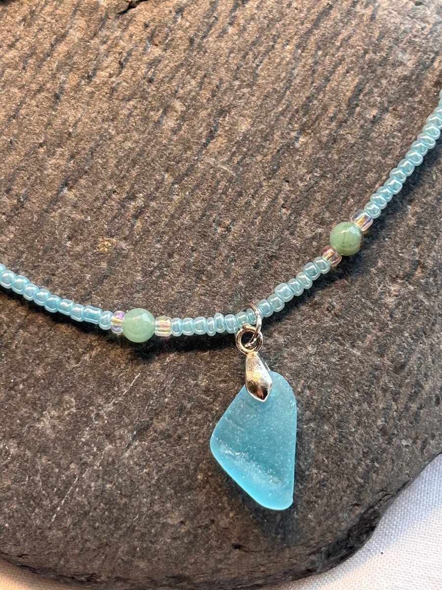 Necklace - Unusual Blue Seaglass with Amazonite and Seed Beads