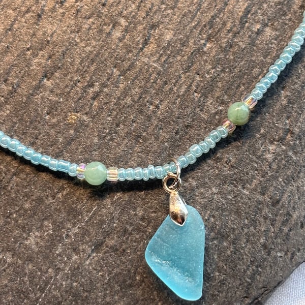 Necklace - Unusual Blue Seaglass with Amazonite and Seed Beads