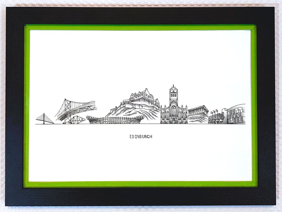 Edinburgh Cityscape Handmade Unique Framed A3 Print Light Green Border Wallart
