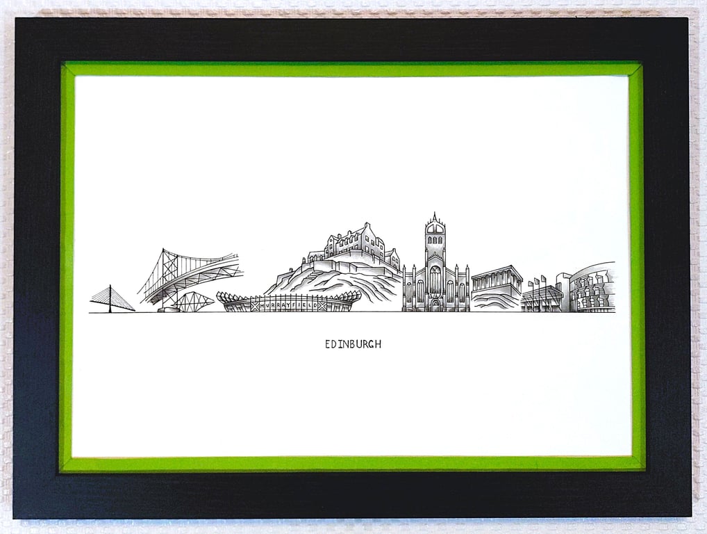 Edinburgh Cityscape Handmade Unique Framed A3 Print Light Green Border Wallart