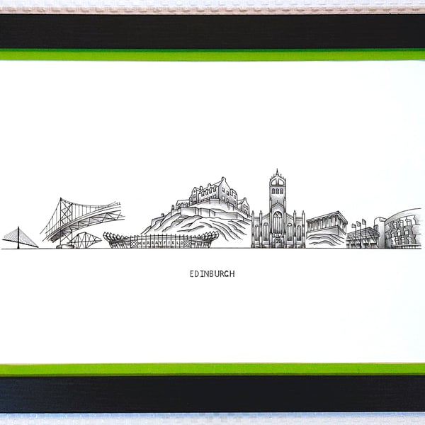 Edinburgh Cityscape Handmade Unique Framed A3 Print Light Green Border Wallart