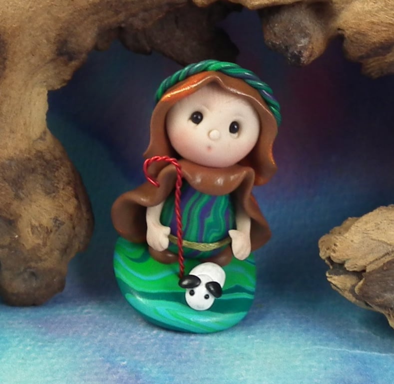 Tiny Shepherd Gnome 'Jacob' with lamb tableau OOAK Sculpt by Ann Galvin