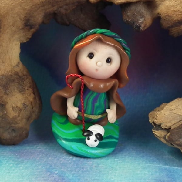 Tiny Shepherd Gnome 'Jacob' with lamb tableau OOAK Sculpt by Ann Galvin