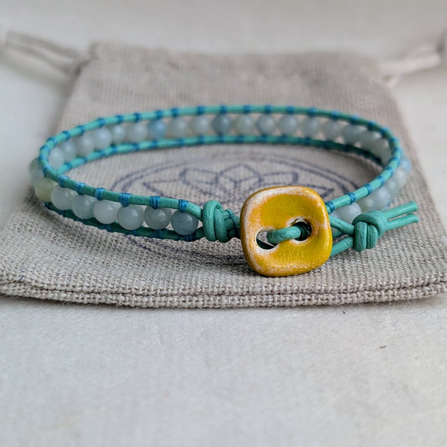 Amazonite and mint green leather bracelet with yellow button 