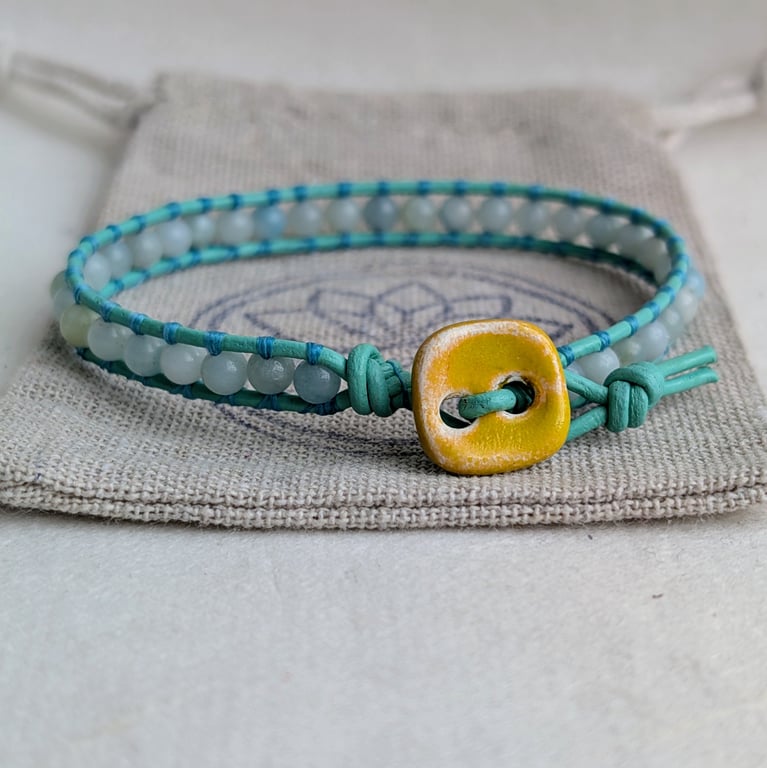 Amazonite and mint green leather bracelet with yellow button 