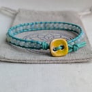 Amazonite and mint green leather bracelet with yellow button 