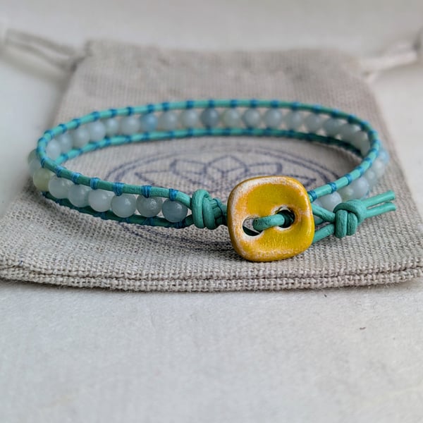 Amazonite and mint green leather bracelet with yellow button 